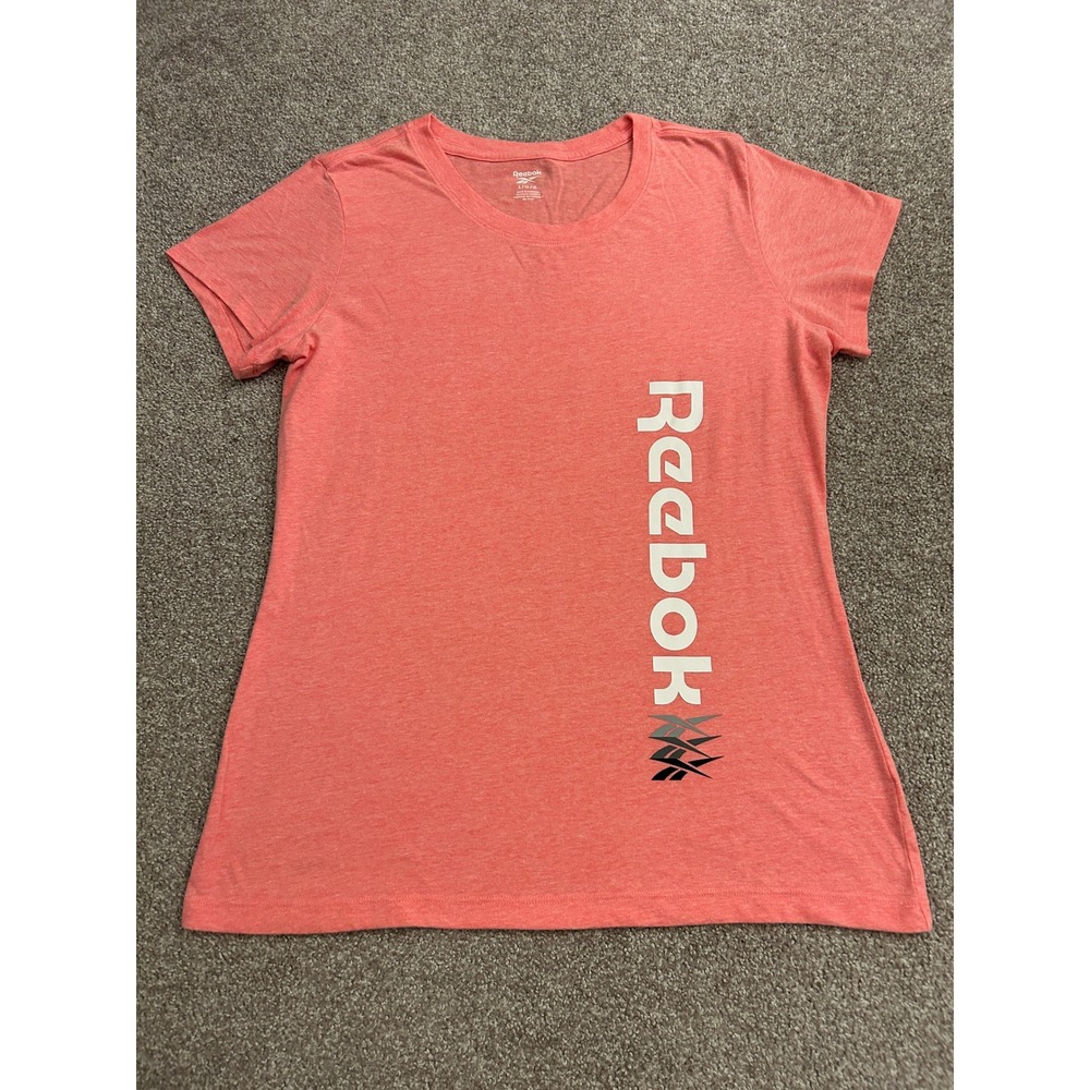Reebok Graphic T-Shirt Womens Large Coral Pink Excellent Short Sleeve Logo Tee